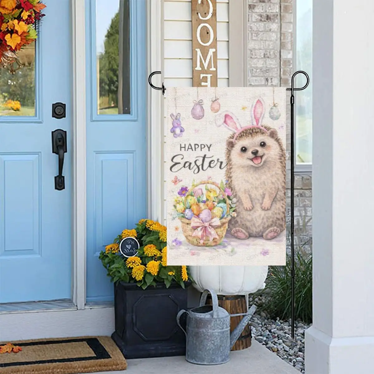 Happy Easter Garden Flag Hedgehog with Bunny Ears and Easter Eggs Double Sided Outside Yard Decoration Small Yard Flag 12x18 ZZM
