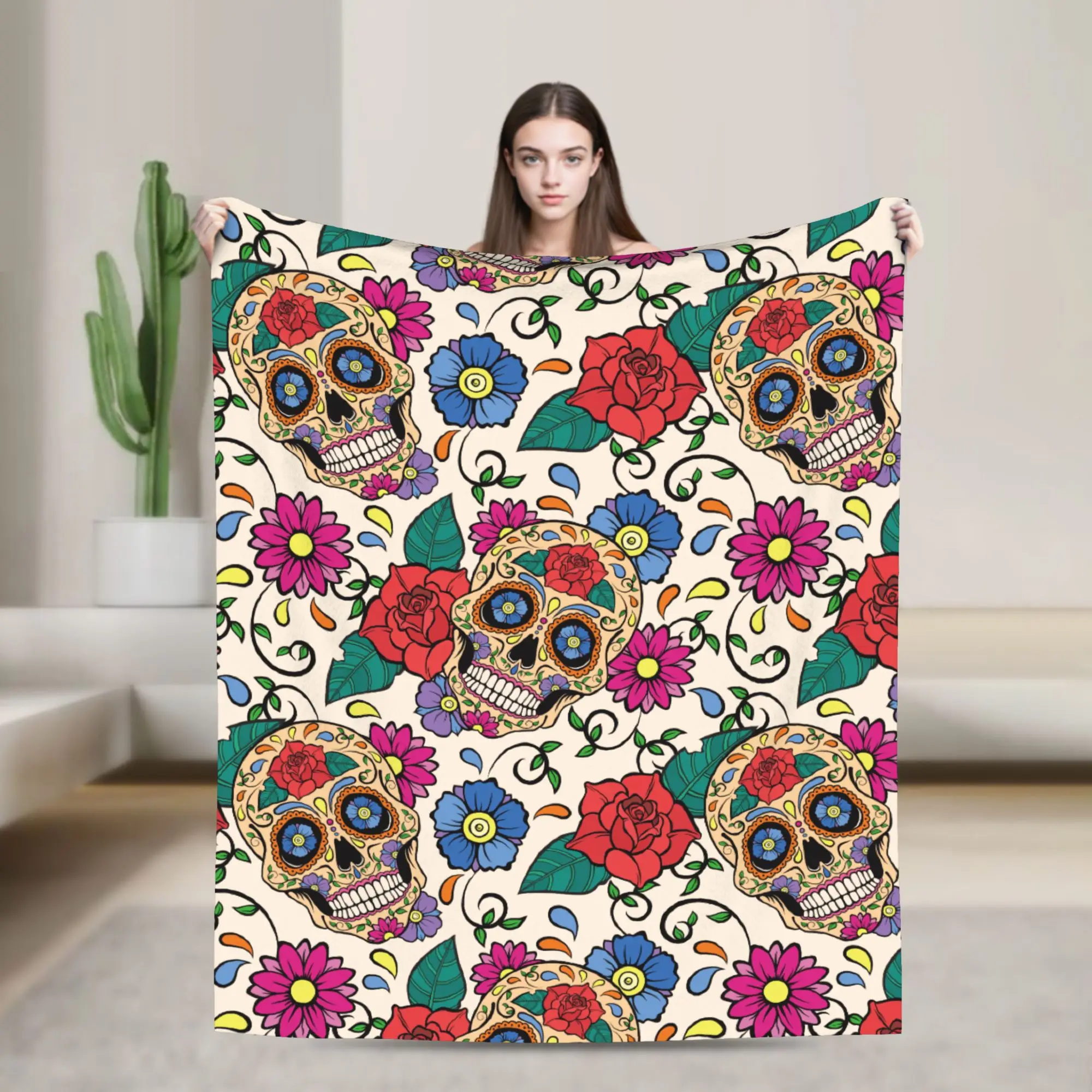 Sugar Skull Rose Mexican Skeleton Fleece Throw Blanket Day of the Dead Halloween Blanket for Bed Travel Soft Plush Thin Quilt