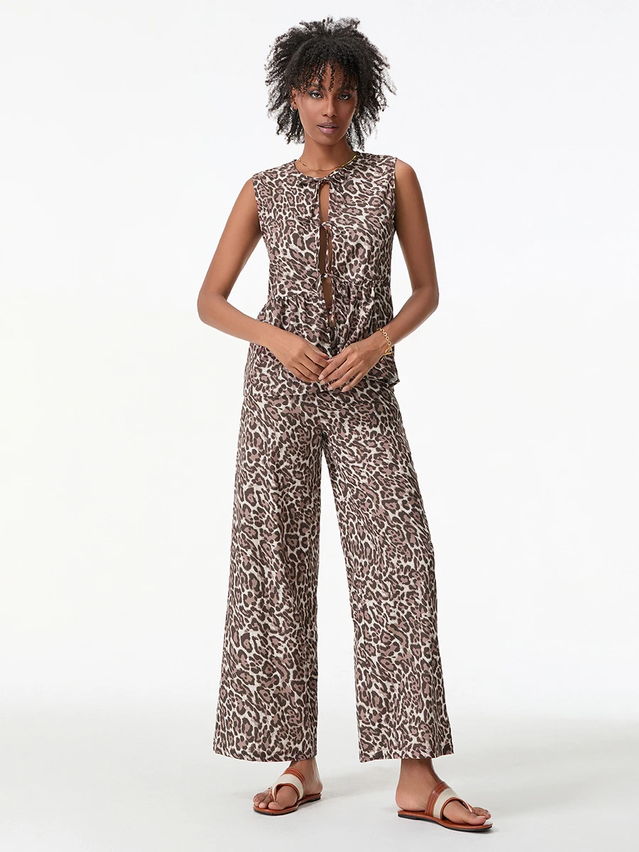 Women 2-Piece Leopard Set V-Neck Bow Lacing Loose Flowy Hem Tank Tops Wide Leg Long Pants Outfits