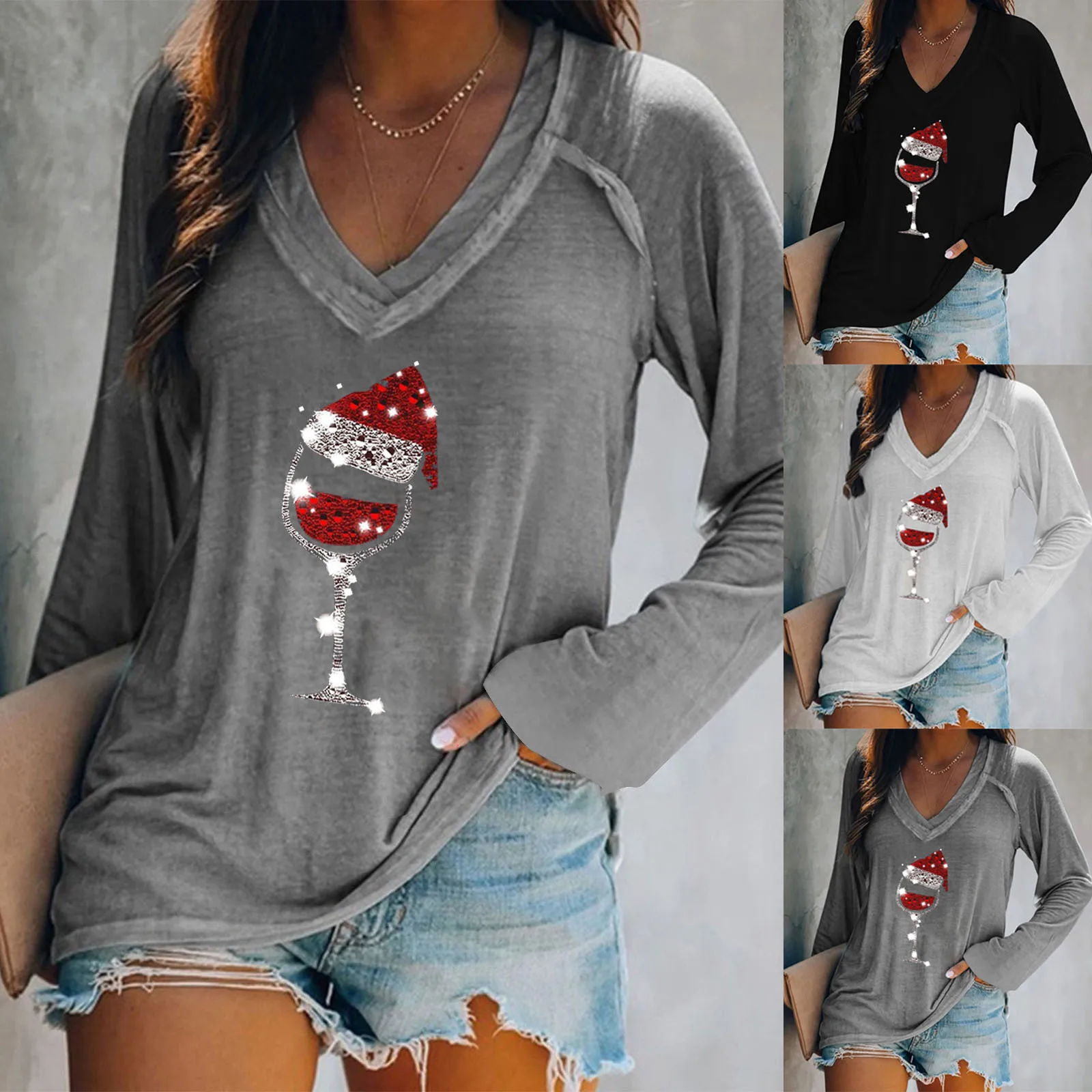 Women's long sleeved V-neck contrasting color patchwork casual oversized T-shirt top versatile temperament and personality