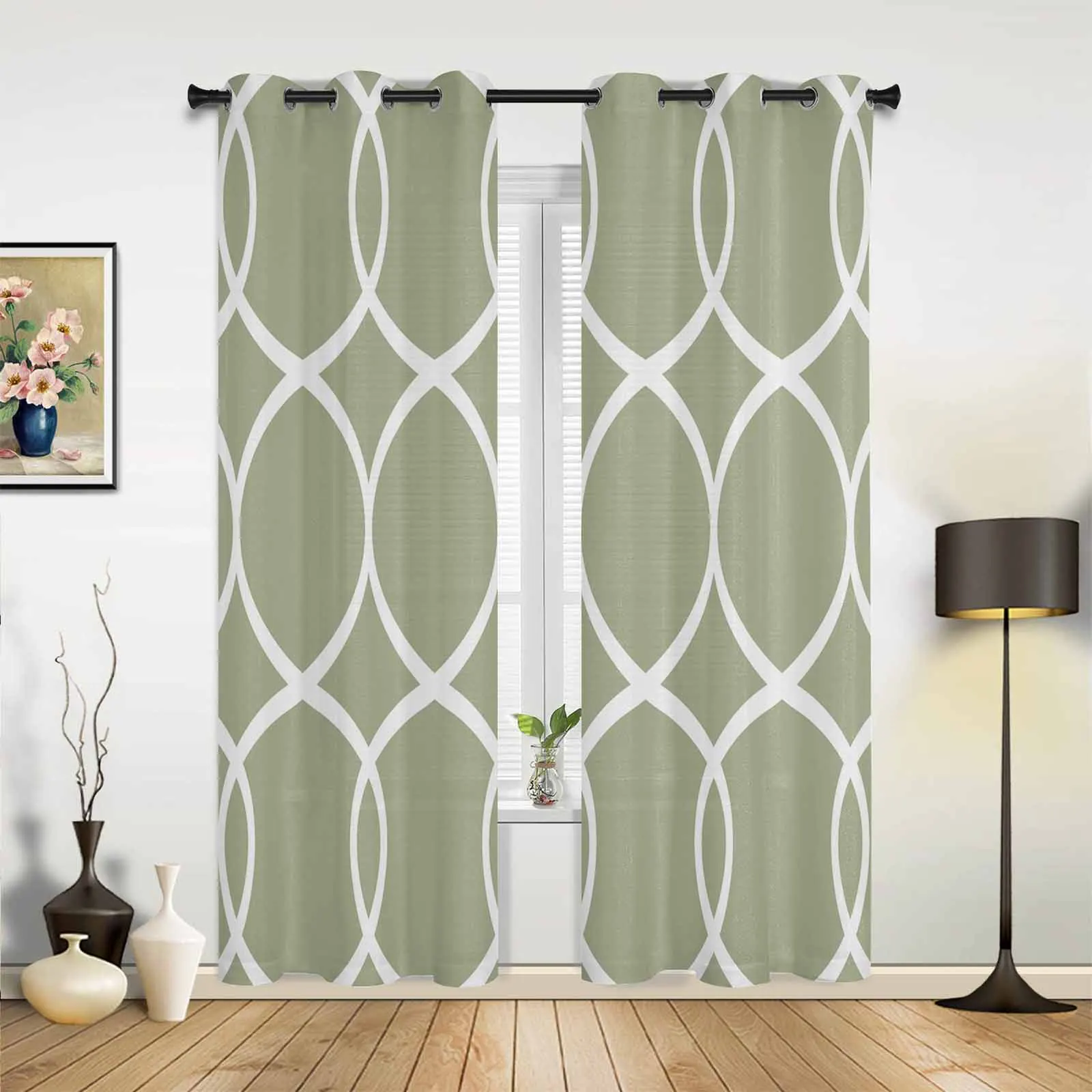 Geometric Abstract Line Sage Green Modern Hall Curtains for Living Room Bedroom Window Curtains Panels Drapes