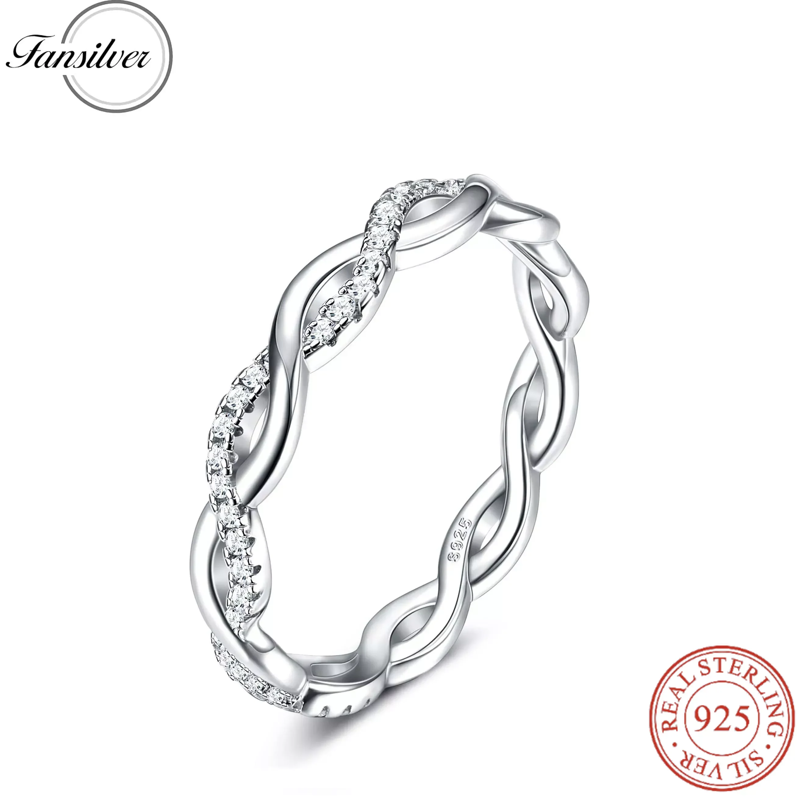 

Fansilver 925 Sterling Silver Rings for Women Twisted Rope Cubic Zirconia Eternity Wedding Band Simulated Diamond Rings Gift