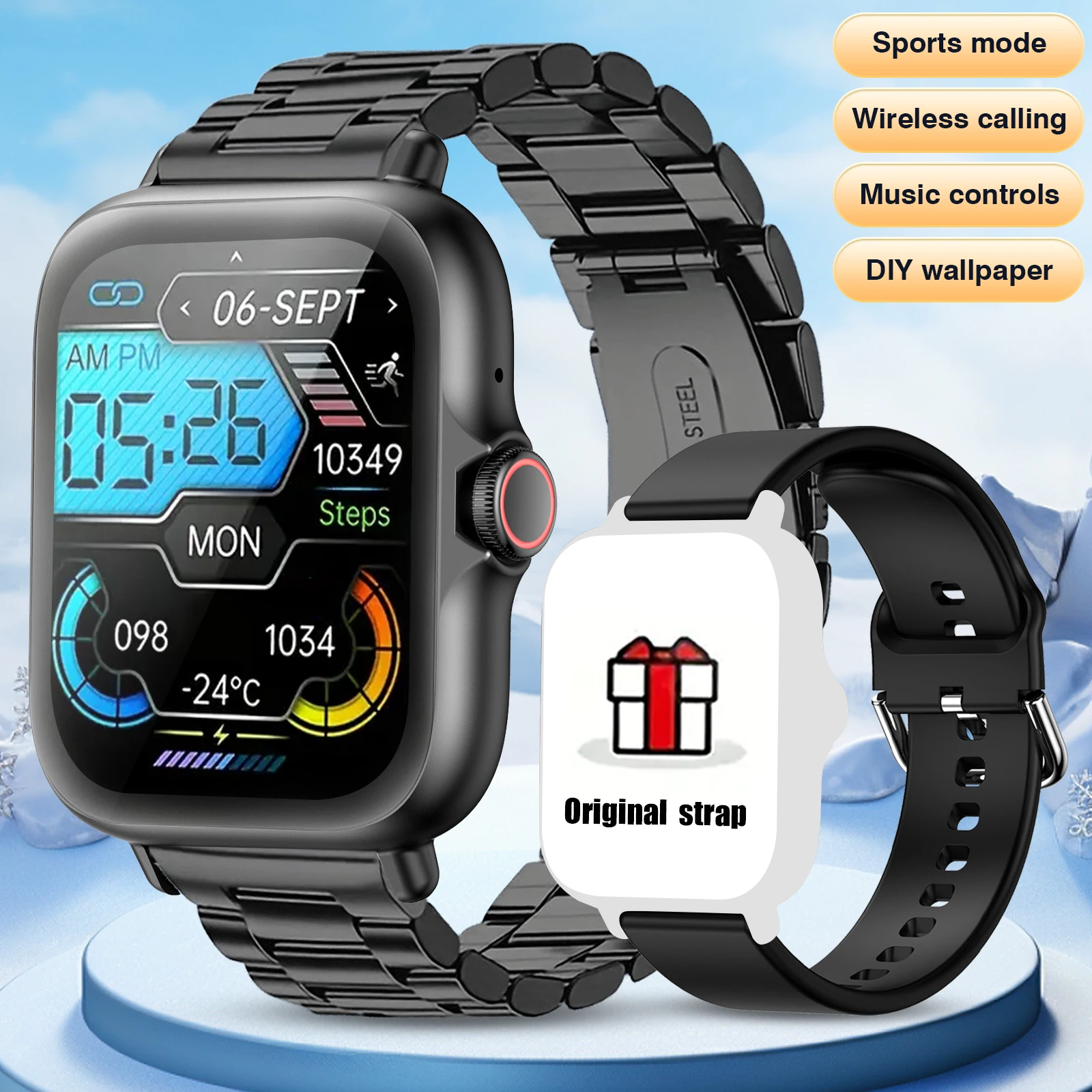 

2-in-1 Strap Smart Watch: Wireless Calling, Sports Mode, Music Controls, DIY Wallpaper + Free Original Strap