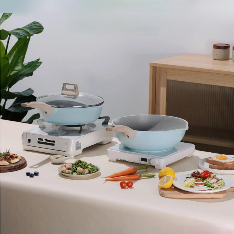 Cookware Set 4pcs Induction Bottom Saucepan Soup Pot Non-Stick Frying Pan Wok with Glass Lids