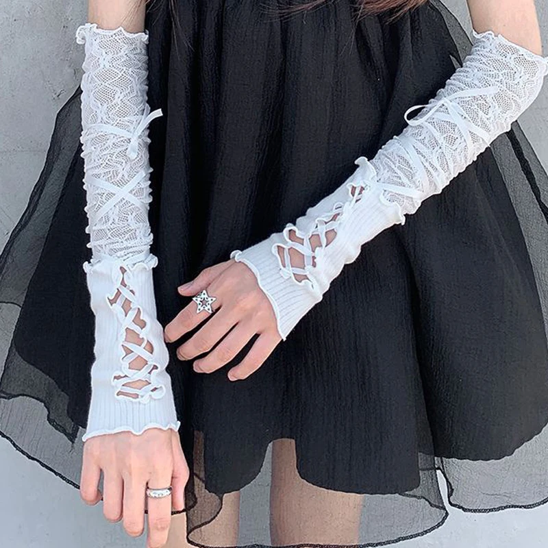 Women Lolita Jk Lace Fingerless Gloves Black Gothic DIY Strapping Sunscreen Sleeve Clothing Accessories Elastic Mesh Punk Gloves