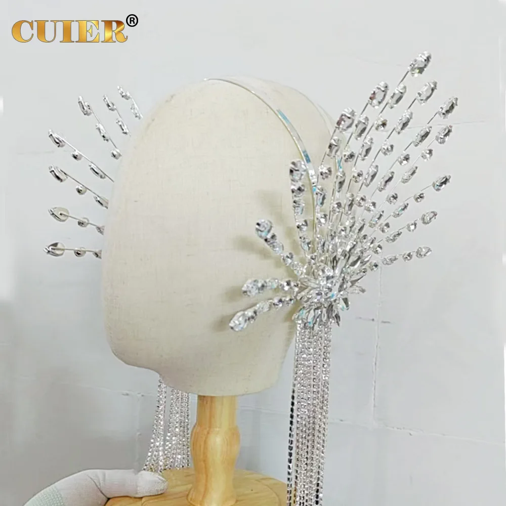 

CUIER Starlight Crystal Silver Tassel Long Headwear Extravagant Large-Size Jewelry Headpiece for Stage Dazzling Rays