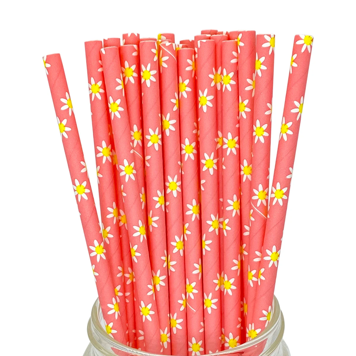 Pack of 25 Durable White Floral Paper Straws Flat Tip Bulk Biodegradable Bartending Straws Bachelor Party Candy Paper Sticks 6mm