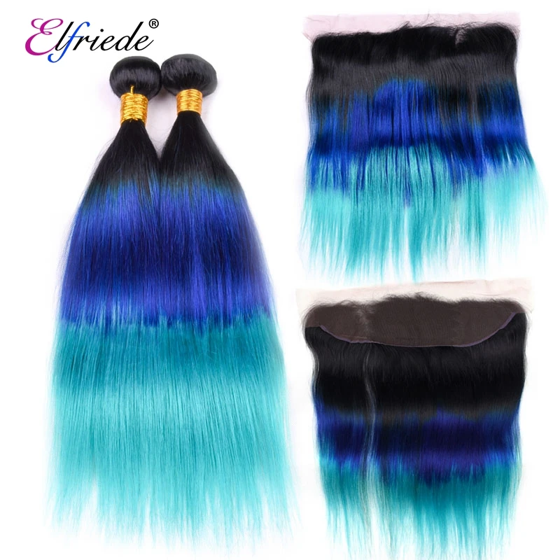 Elfriede Straight Ombre Colored #T1B/Blue/Light Blue Hair Bundles with Frontal Remy Human Hair 3 Bundles with Lace Frontal 13x4