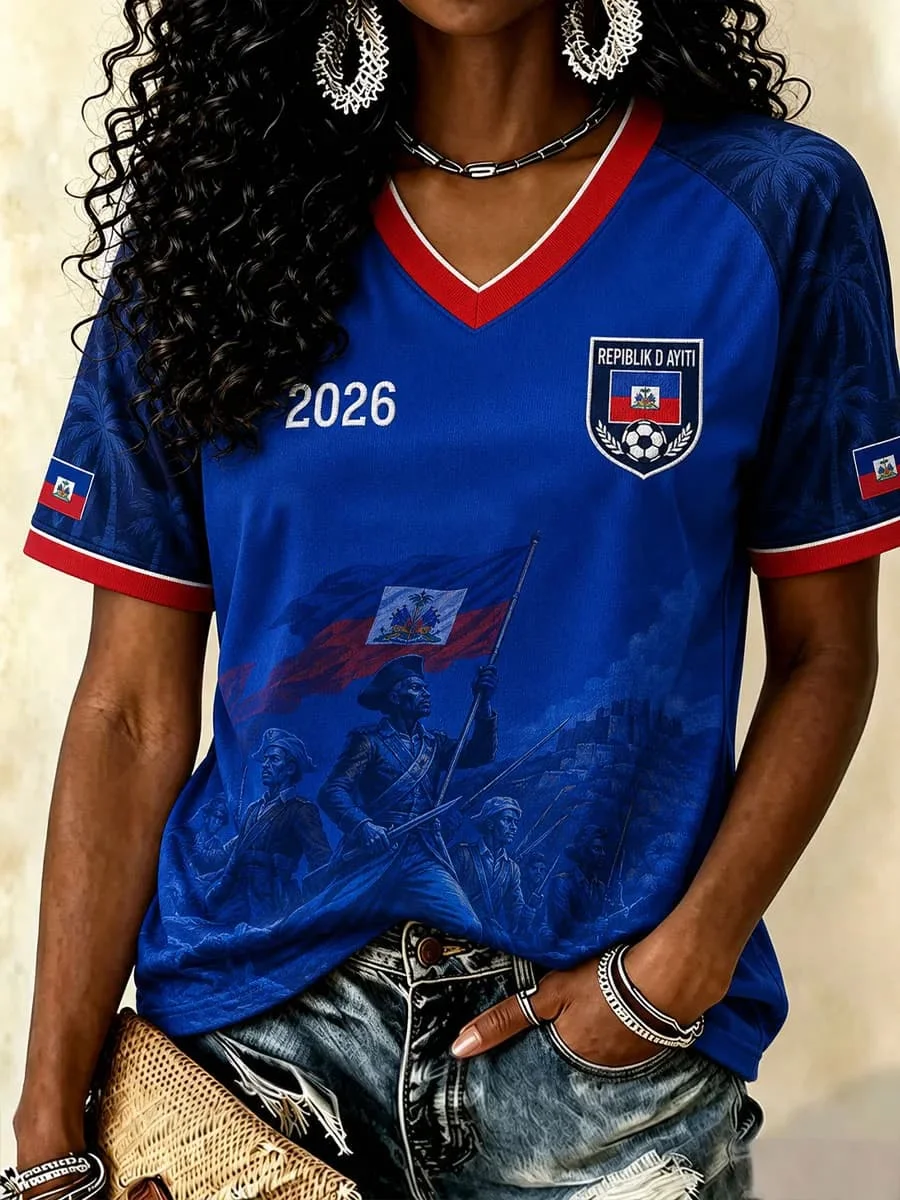 2026 New Women Haiti National Emblem T Shirt Red Blue Short Sleeve O Neck Casual Loose Haitian Flag Day  Summer Daily Tops Tees