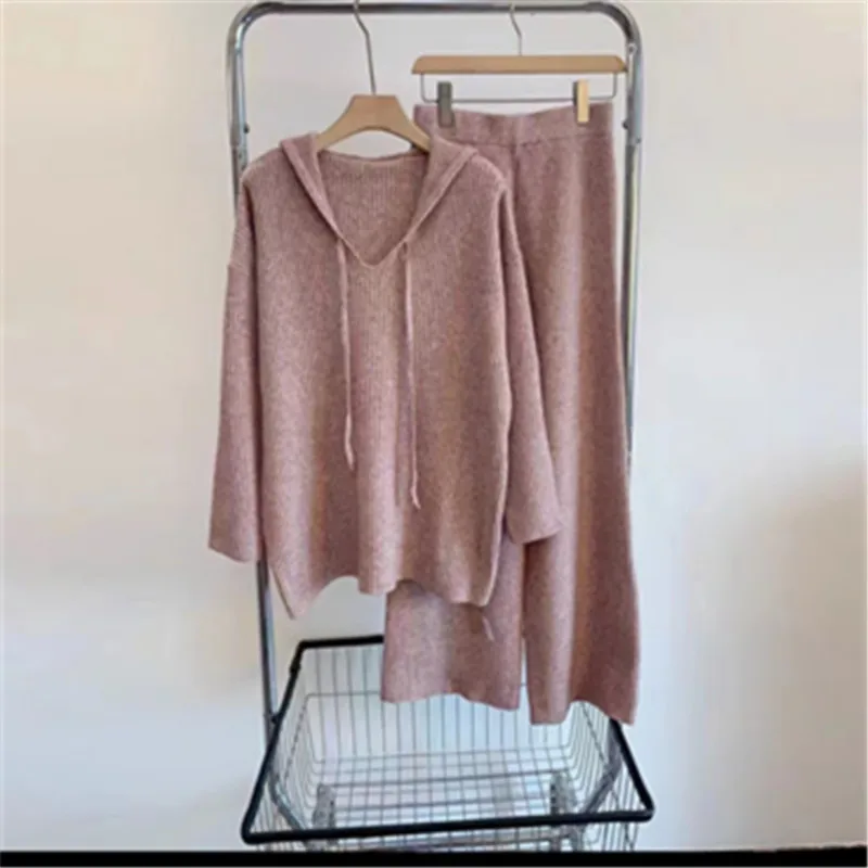 Autumn and Winter New Women's Knitted Fashion Suit Hooded Loose Casual Sweater Wide-legged Pants Two-piece Set