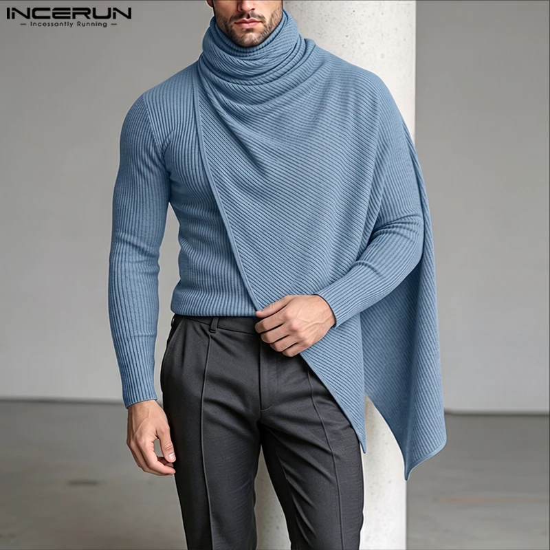 INCERUN Men's Pullovers Solid Turtleneck Long Sleeve Casual Irregular Tops Sweater For Man Streetwear Loose Fashion Men Clothes