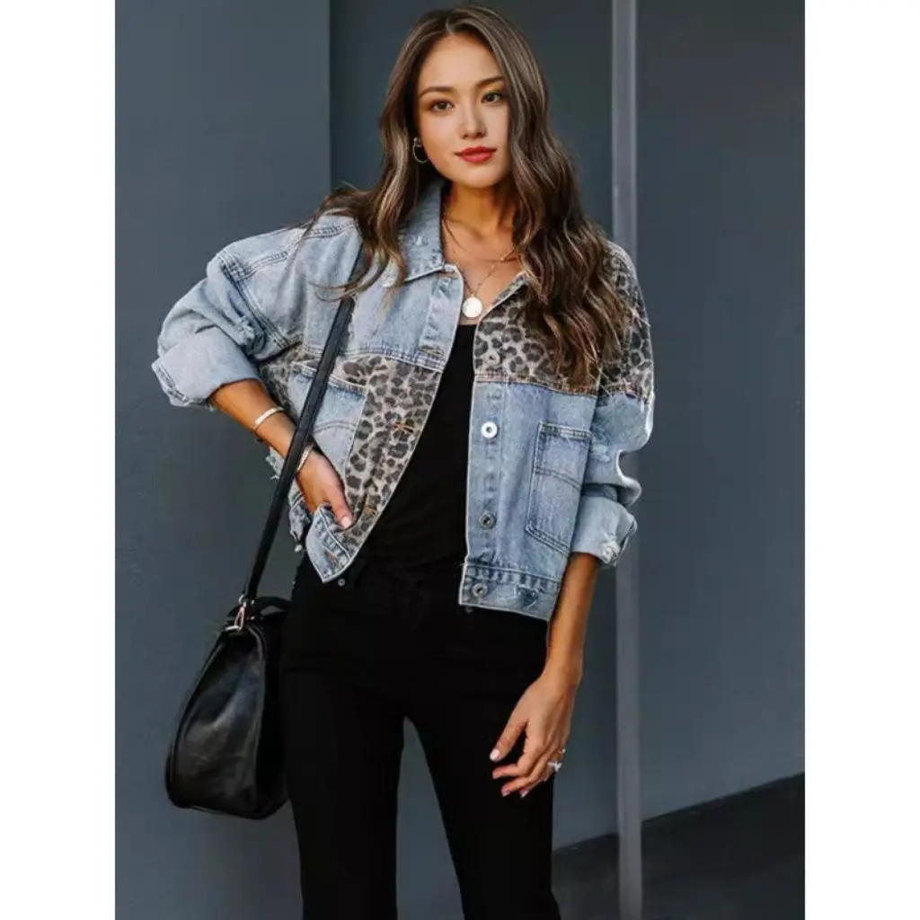 Autumn Winter Women's Long Sleeve Denim Jacket Leopard Print Patchwork Top Independent Station European And American Style