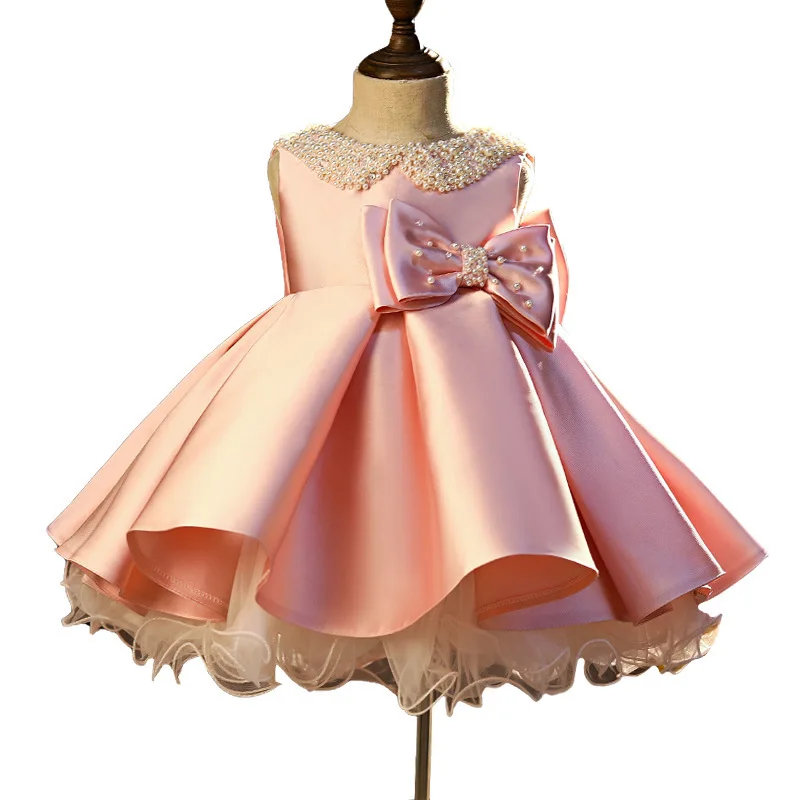 Weiße Satin Blumen mädchen Kleider für Hochzeit Perlen geschwollen mit Bogen niedlichen Party Kinder Baby Festzug Geburtstag Ballkleider Kleid