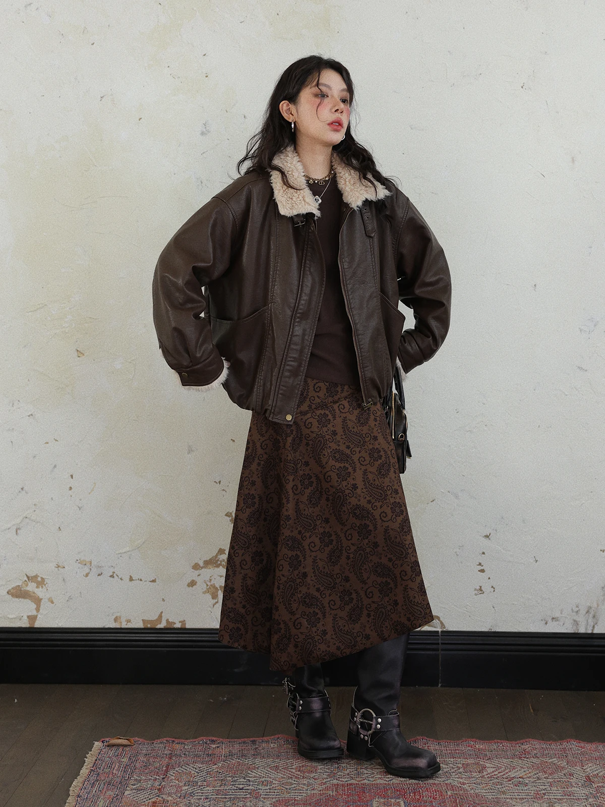 Jaet de couro sintético feminino retrô sle com gola de pele casaco boudoir calor interno fce ort comprimento fecho com zíper