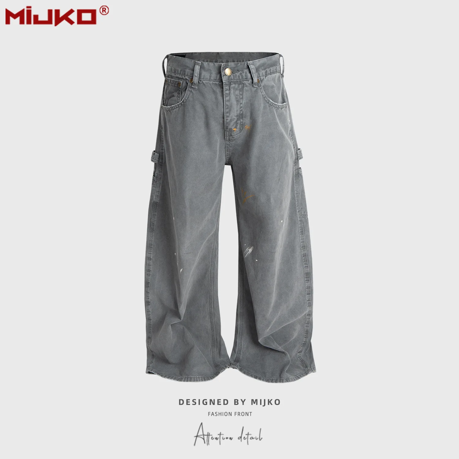 

MIJKO Jeans Unisex Wide Silhouette Splatter Paint Accent Washed Gray Denim Pants Z004#