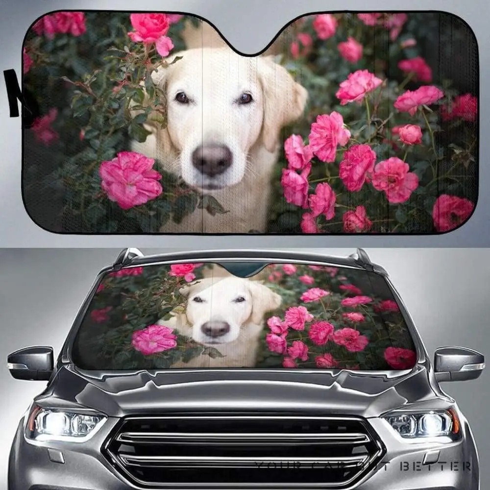 Cute Golden Retriever with Pink Roses Image Car Sunshade, Golden Retriever Dog with Pink Roses Image Auto Sun Shade, Windshield