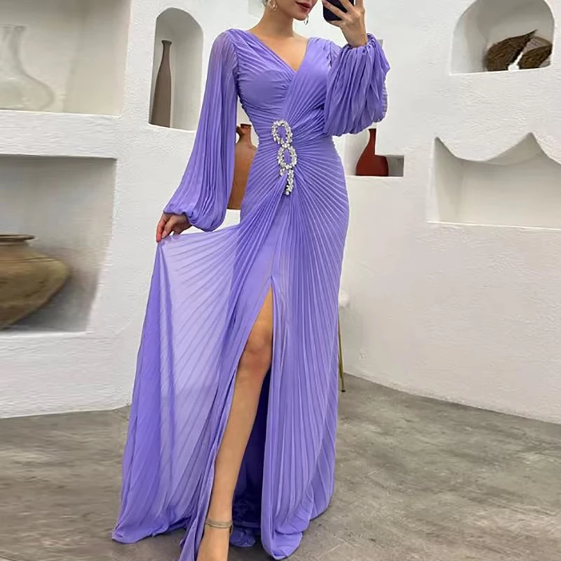 Fashion Banquet Halter Hollow Out Party Dress Women Temperament High Waist Slim Maxi Dress Elegant Sexy Pleated Slit Long Dress