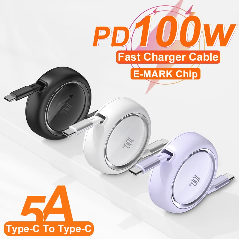 PD 100W USB-C Charger Cable For iPhone 15 Pro Max Xiaomi Samsung Oneplus iPad Type C To Type C Charging Cable Adjustable Length