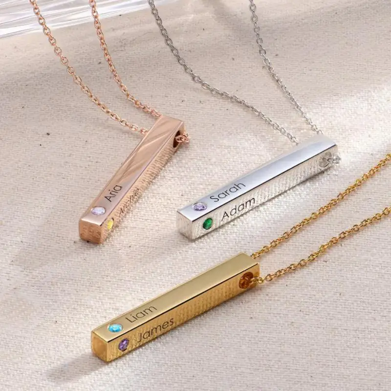 

Персонализированный кулон с прямоугольным стержнем — индивидуальный камень и гравировка имени 1–4 — ожерелье из нержавеющей стали — подарок на годовщину