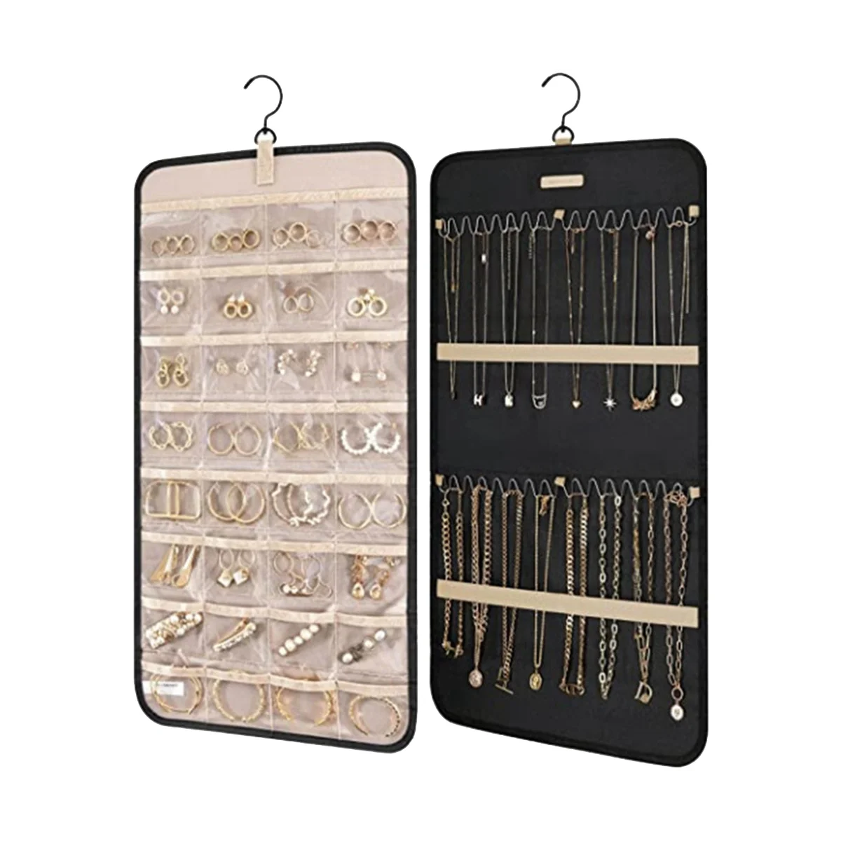 Hanging Jewelry Organizer, Necklace Holder Anti-Tangle Earrings Rings Hanger with Pockets Hang on Closet, Wall,