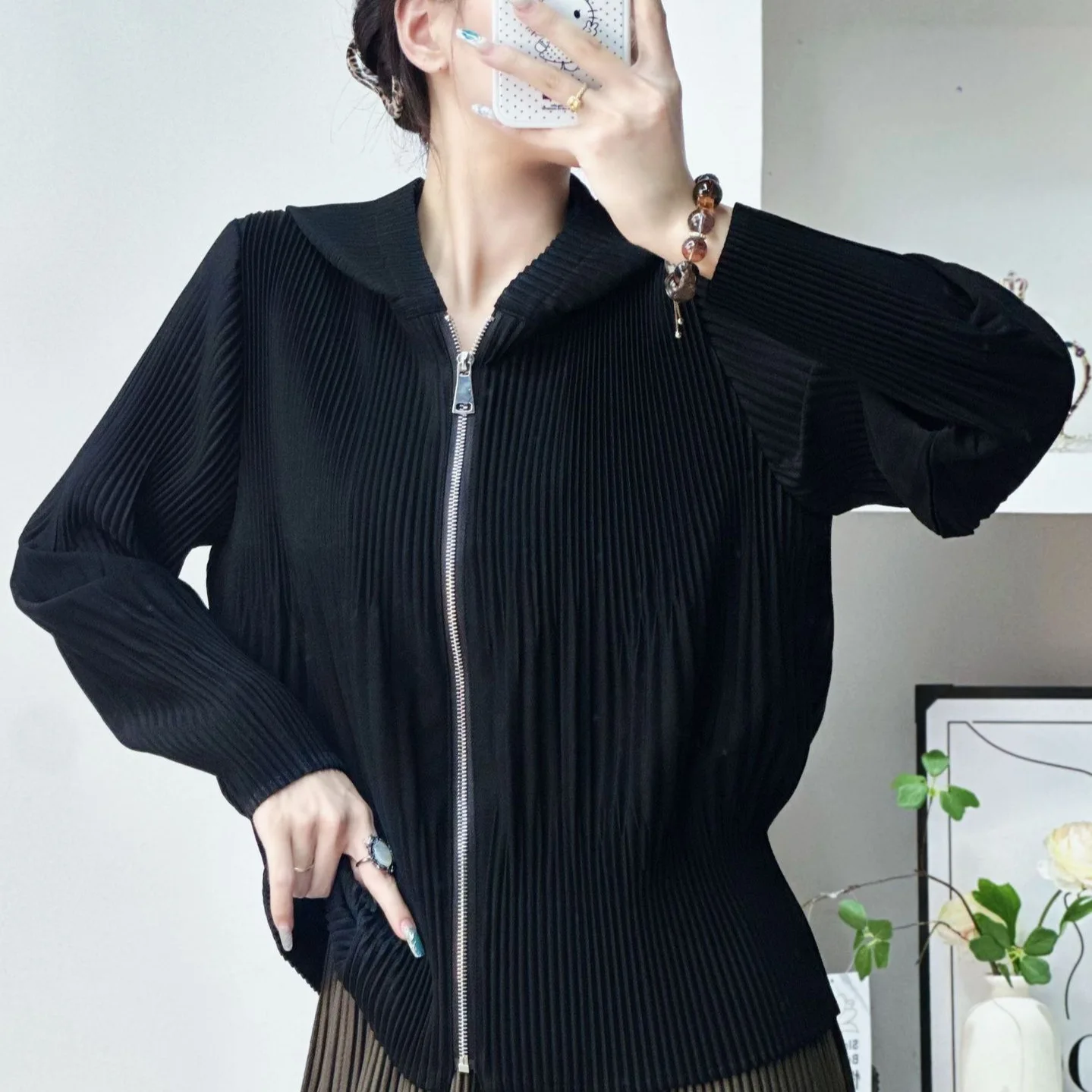 Miyake Style Women Black Pleated Jacket Lapel Zip Up Long Sleeve Loose Casual Pleated Blouse Coat