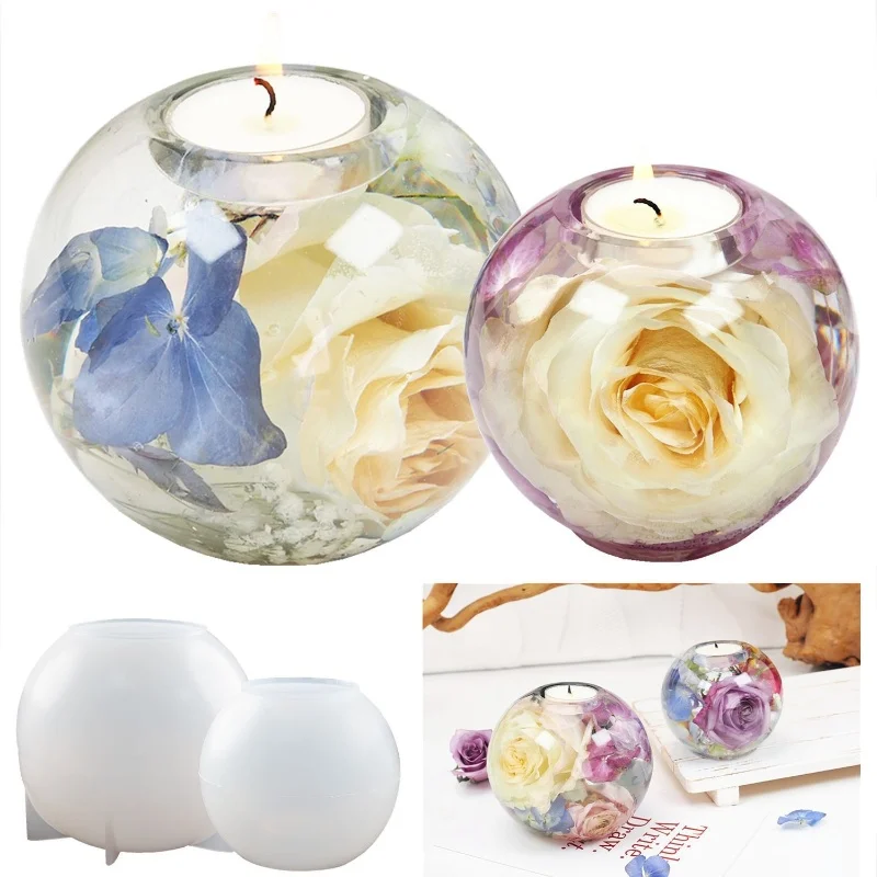 Circular Candle Holder Epoxy Resin Drip Mold DIY Dry Flower Candle Holder Spherical Mirror Silicone Mold Home Decoration Storage