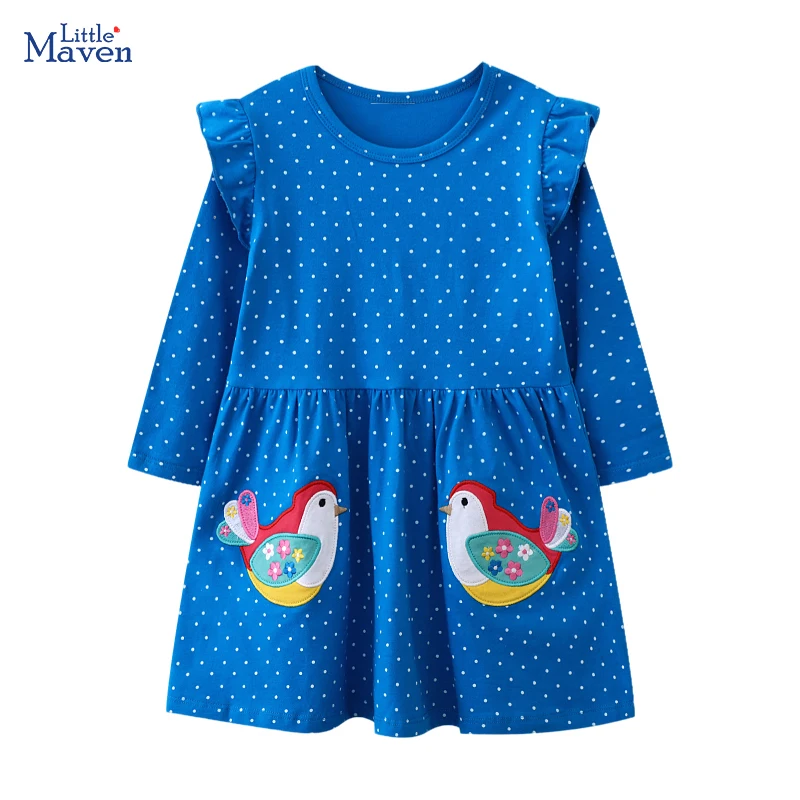 Little maven Princess Kids Clothes Children\'s Clothing 2024 Autumn Girls Long Sleeves Embroidered Cartoon Birds Dress Cotton