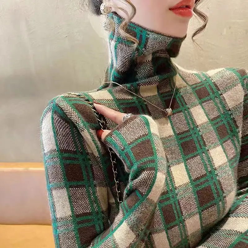 Frauen Kleidung Plaid Rollkragen Gestreiften Pullover Frühling Herbst Langarm Rollkragen Mode Elegante Gestrickte Pullover Strickwaren