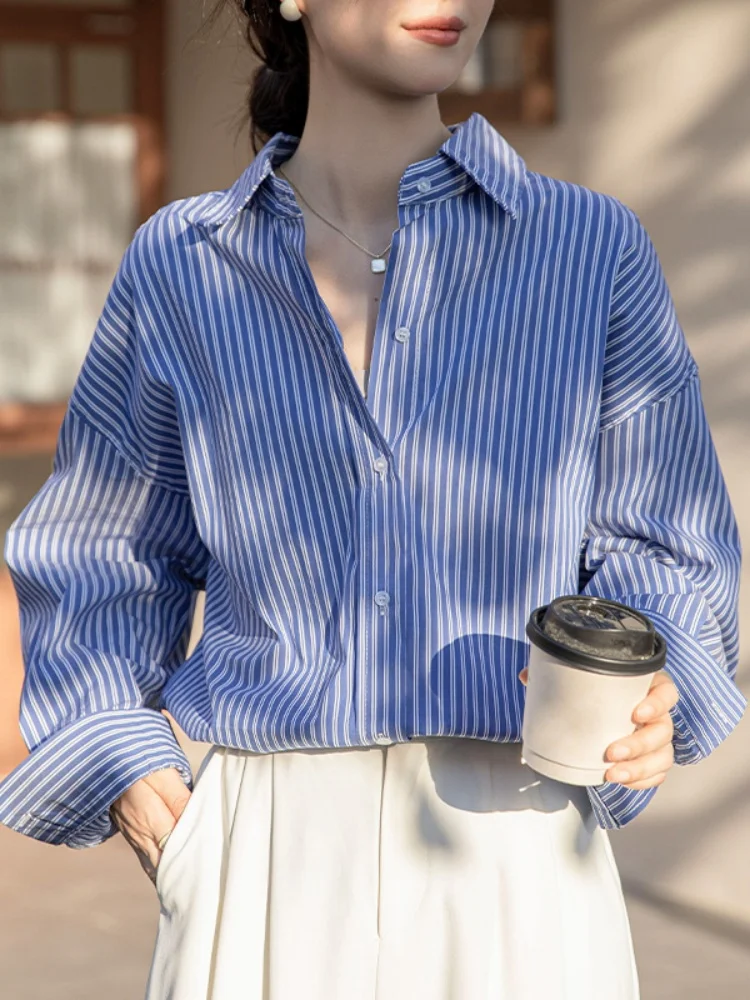 Blauw Gestreepte Lange Sve Dames Irt Lente Herfst 2025, Nieuwe Innerlijke Slijtage Luxe Vintage Top Woon-werk Sle Koreaanse versie