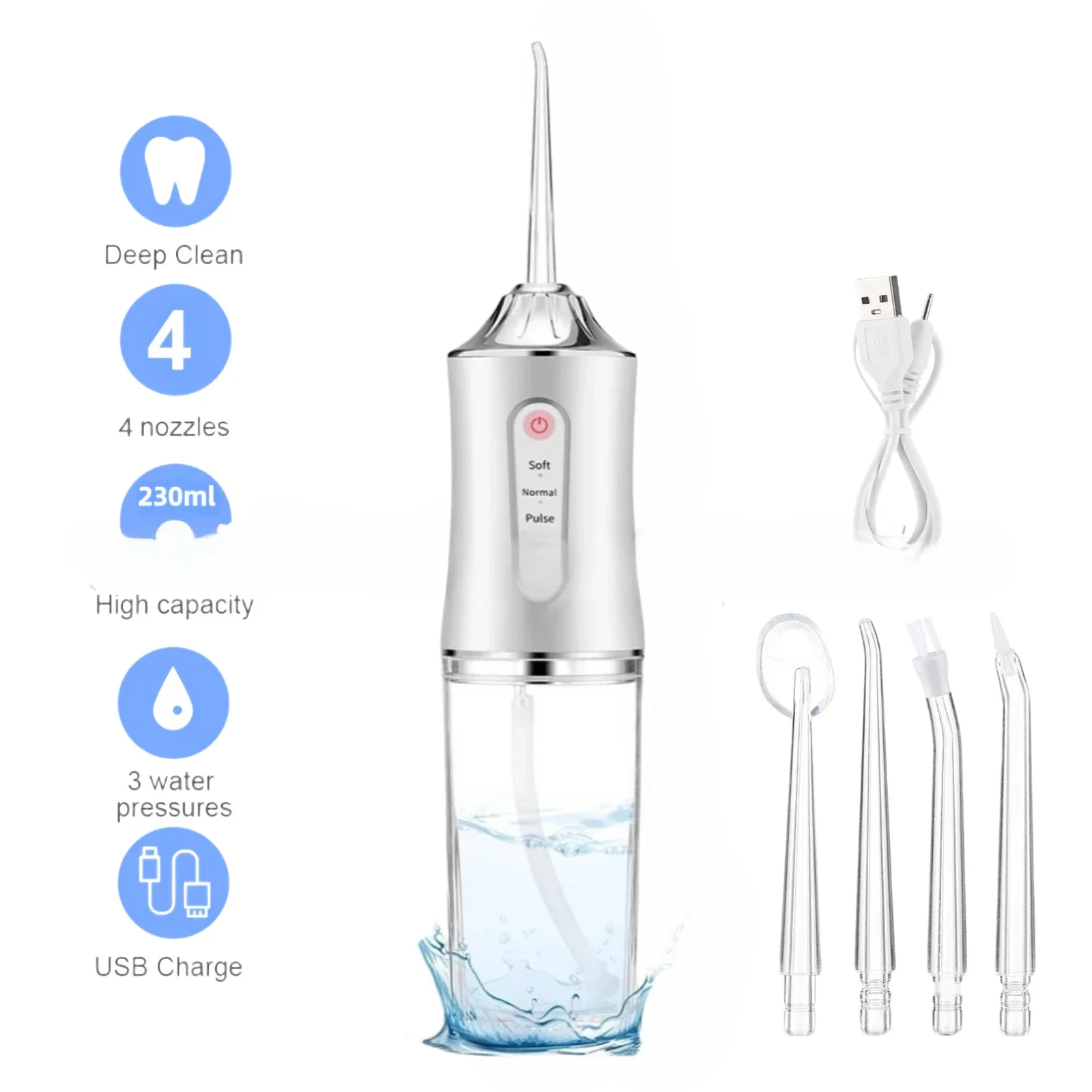 

NewOral Irrigator Kit Portable Dental Water Flosser USB Rechargeable Water Jet Floss Tooth Pick 4 Tip 220ml 3 Modes IPX7 1400rpm