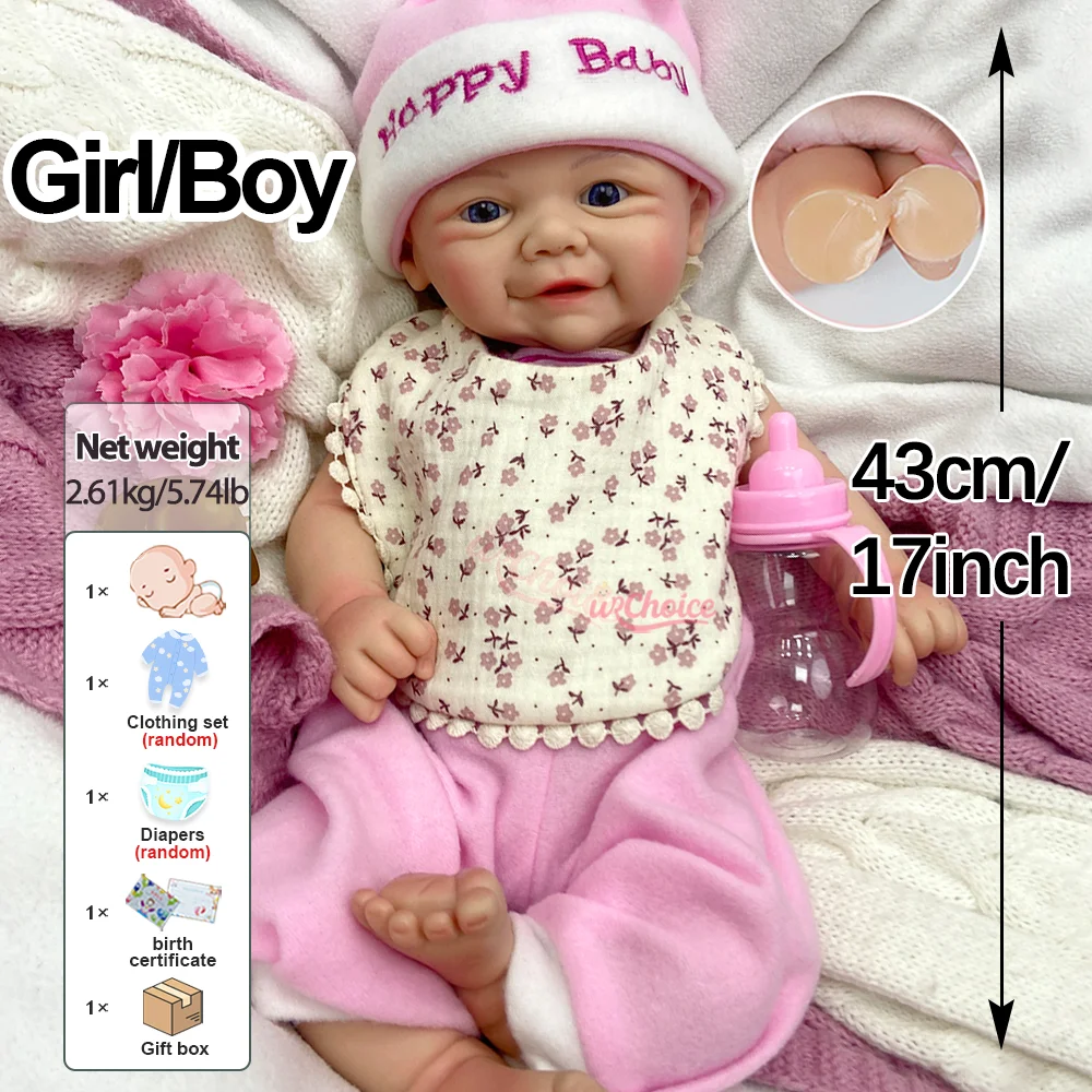 Adorable 17Inch Washable Newborn Bebe Girl/Boy Handmade Painted Silicone Reborn Baby Doll Spain Artist Realistic Blue Eyes Doll