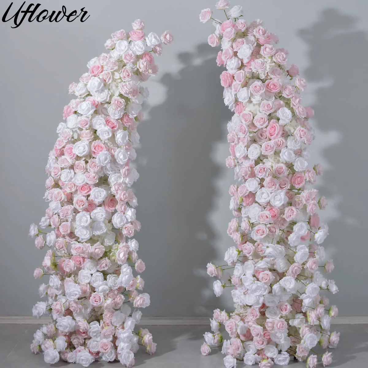 

Uflower White Pink Rose Floral Arrangement Decor Horn Arch Wedding Backdrop Floor Flower Row Banquet Event Stage Party Props