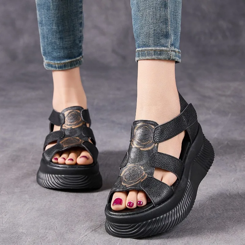 6cm Cow Genuine Leather Flats Mary Jane Elthnic Platform Wedge Peep Toe Comfy Hook Shoes Fashion Pumps Chunky Heels Women view 6