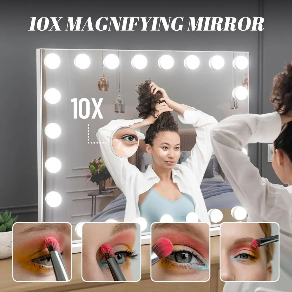 مرآة فانيتي هوليوود 32 × 24 مع تكبير 10 مرات، 24 لمبة LED في 3 ألوان، قابلة للتعتيم، قابلة للفصل، حامل على الحائط أو الطاولة، Wh #5
