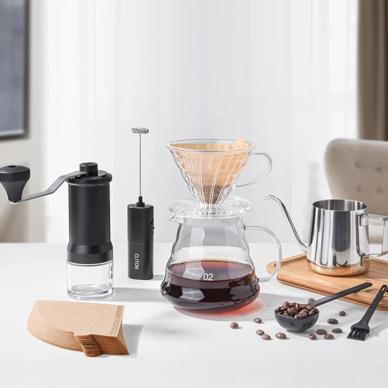 Manuelles Kaffee brühset, tragbare Handmühle und Übergieß set für Anfänger, kompaktes Kaffeeset, tragbare Mühle,