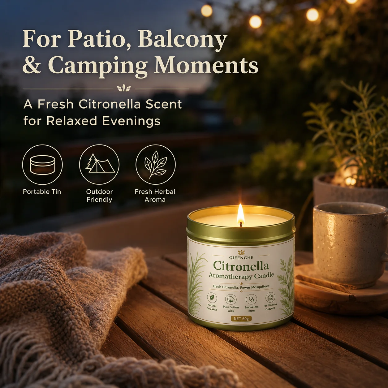 Bougie d'aromathérapie à la citronnelle QIFENGHE 60g, bougie anti-moustiques en cire de soja, boîte portable pour le camping en plein air, la terrasse et la maison