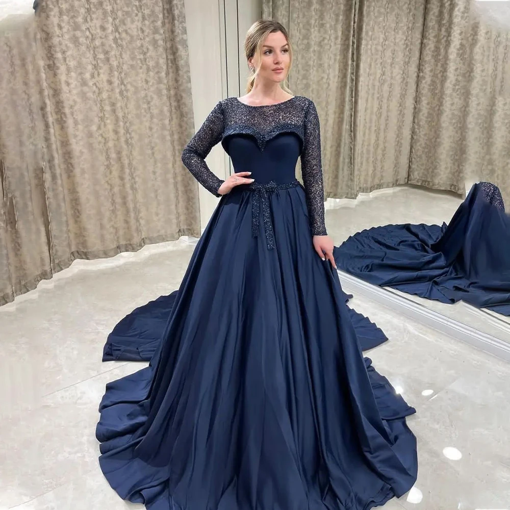 

Unique Dark Navy Stunning Long Sleeves Ball Grown Evening Dresses Sweep Train Custom Made 2023 Rode De Morrie