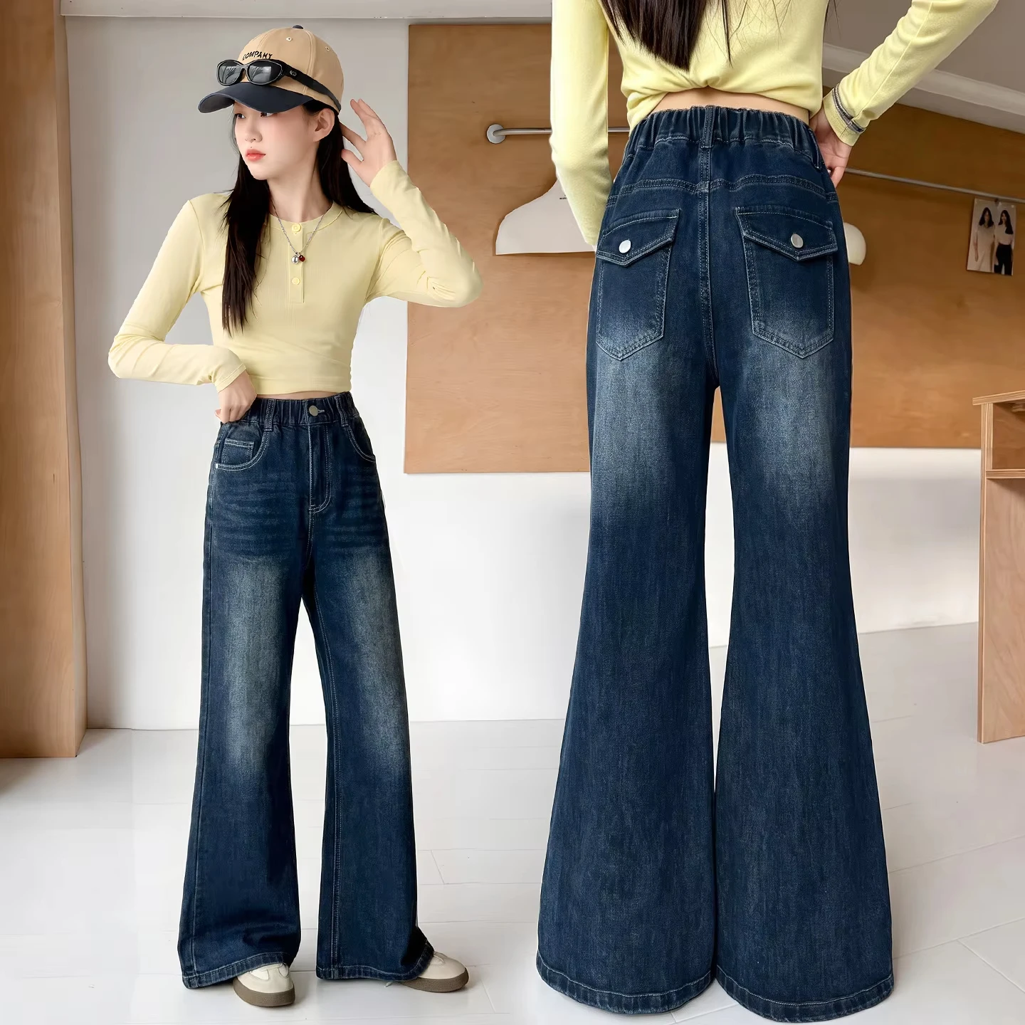 Girl's Autumn Flared Jeans with Bag Cover Design Korean Style Children's Fashion Boot Cut Denim Pants Kids Bell Bottoms Trousers