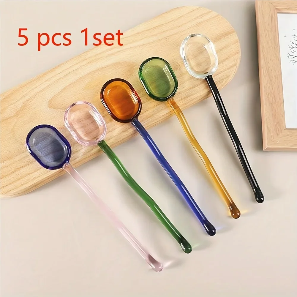 1/5PCS Transparent Colorful Coffee Spoon Set Creative Milk Dessert Spoon Resistant Glass Spoon Long-handled Coffee
