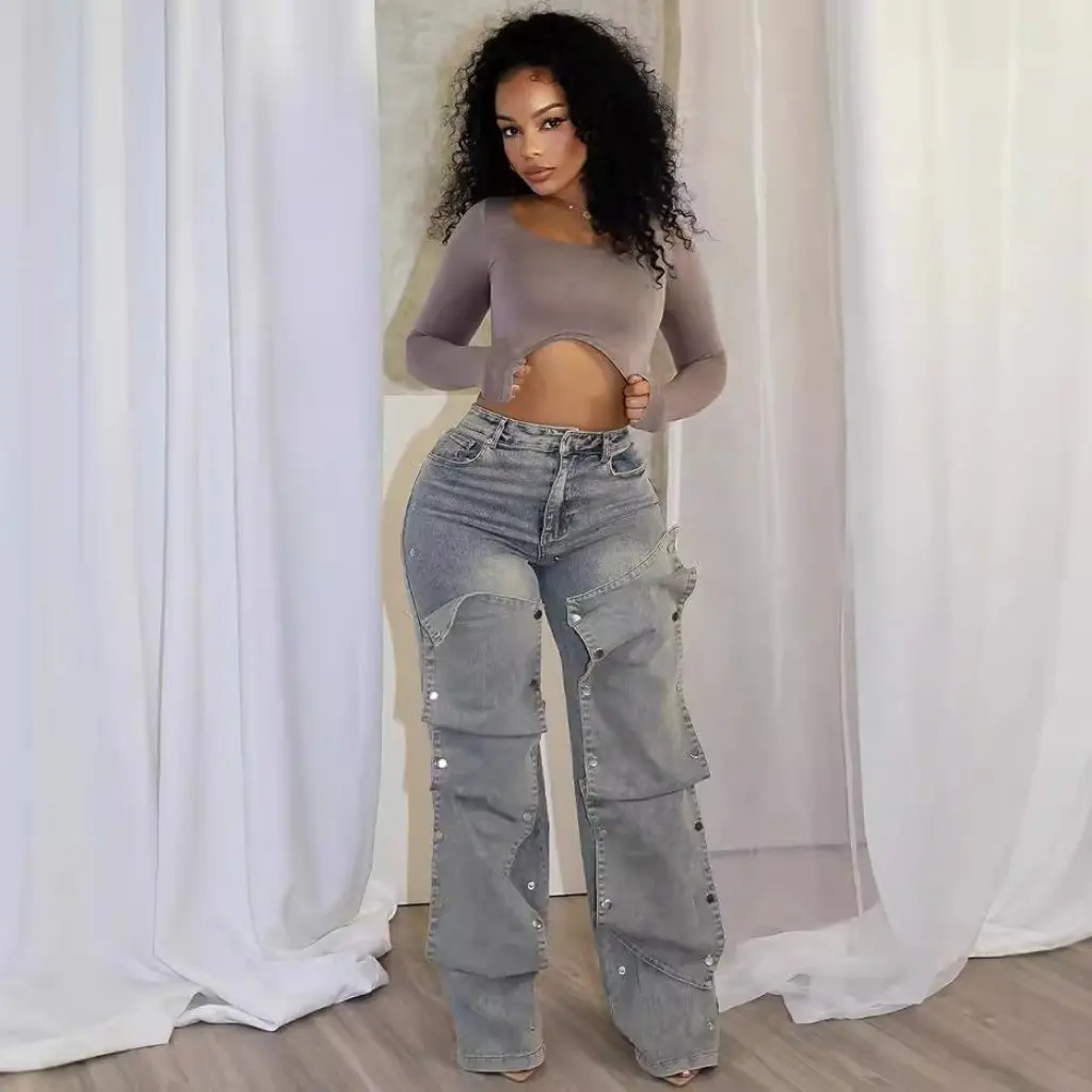 

Women's High Waist Straight-Leg Jeans Detachable Button Detail European American Style Autumn Fashion Streetwear