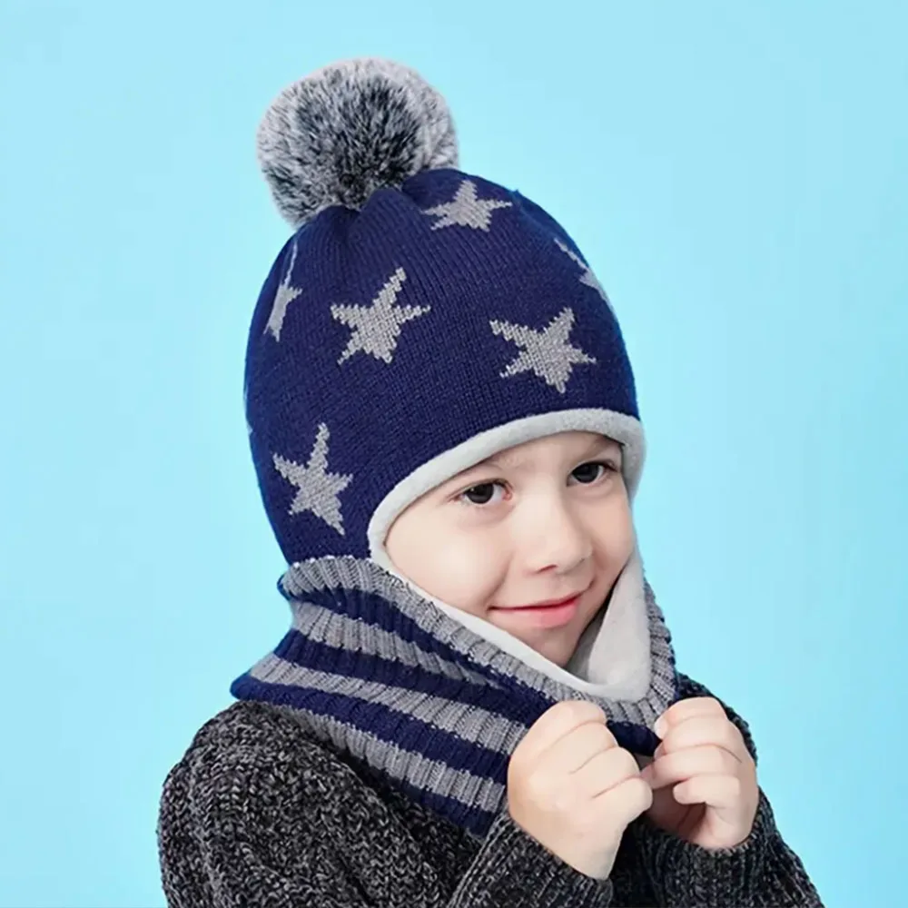 

3-7Y Boys and Girls Winter Thickened Warm Cartoon Fashion Knit Hat with Ear Flaps Cold-Resistant Windproof Elastic Adjustable