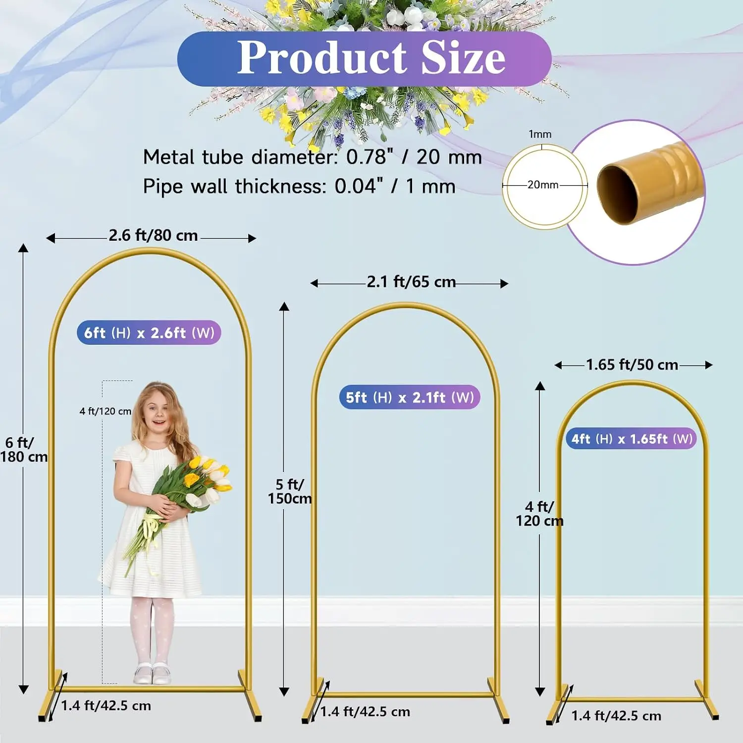 Hemmotop Metal Arch Backdrop Stand Set of 3, 6FT, 5FT, 4FT Party Arch Stands for Wedding, Birthday, Baby Shower, Bridal Shower - Balloon Arched Frame for Garden Decor, Gold Floral Arches, 3 Pieces - view 2
