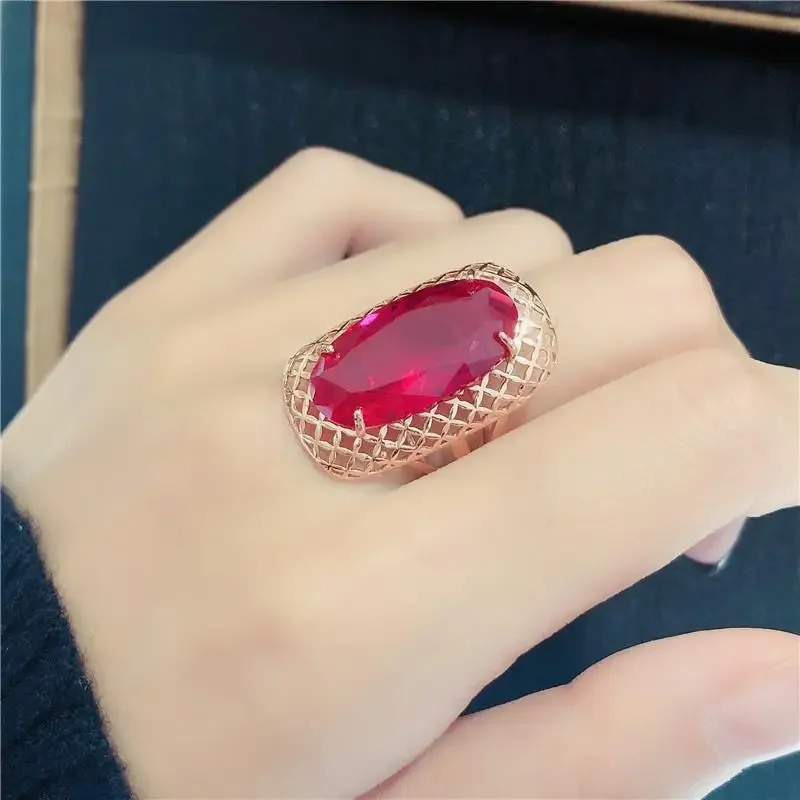 585 purple Golden 14K rose Golden classic oval ruby rings for women square hollow craft exaggerated luxury wedding jewelry