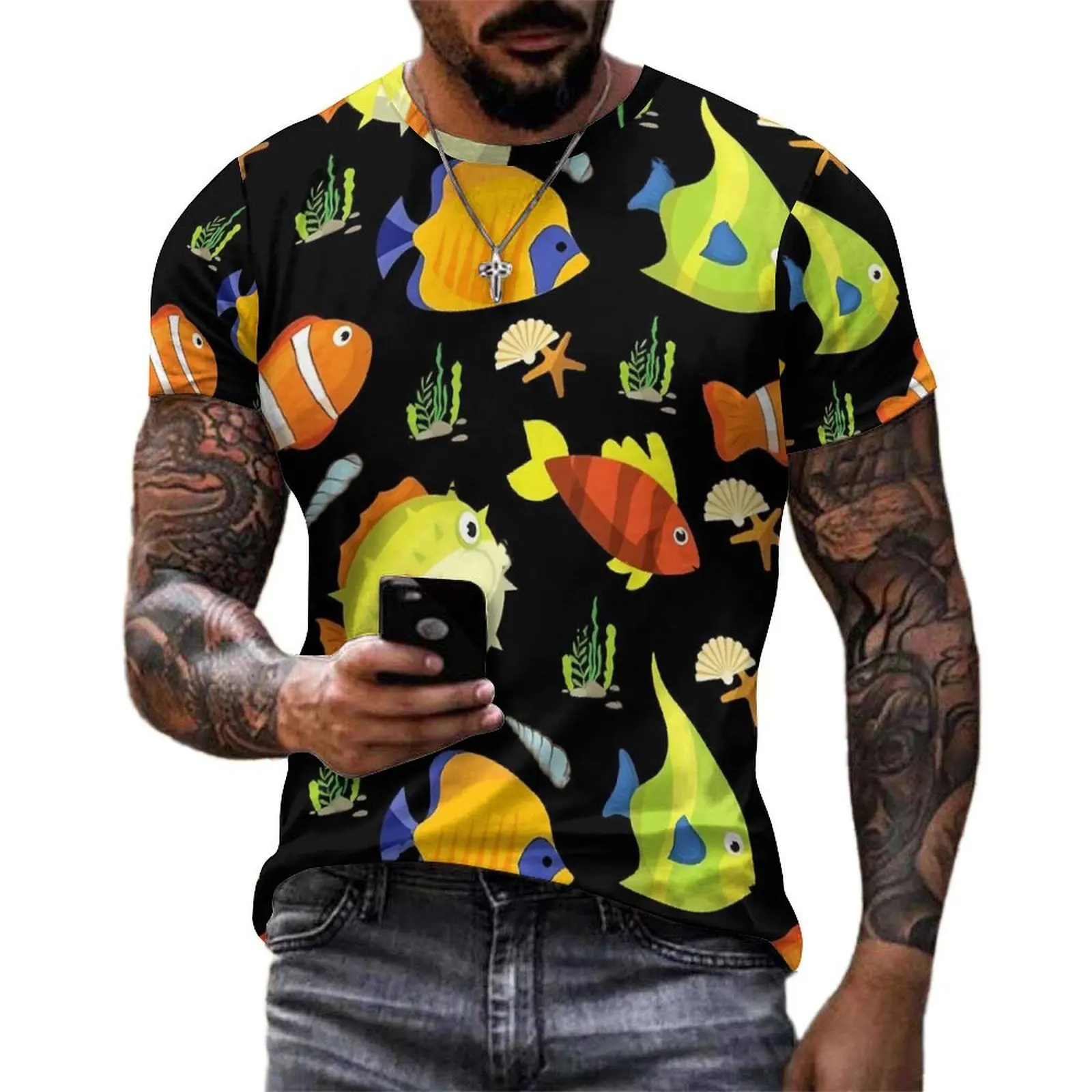 Sea Fish Print T-Shirt For Male Tropical Animal O Neck T-Shirts Summer Fashion Clothes Short Sleeve Basic Oversize Tee Shirt
