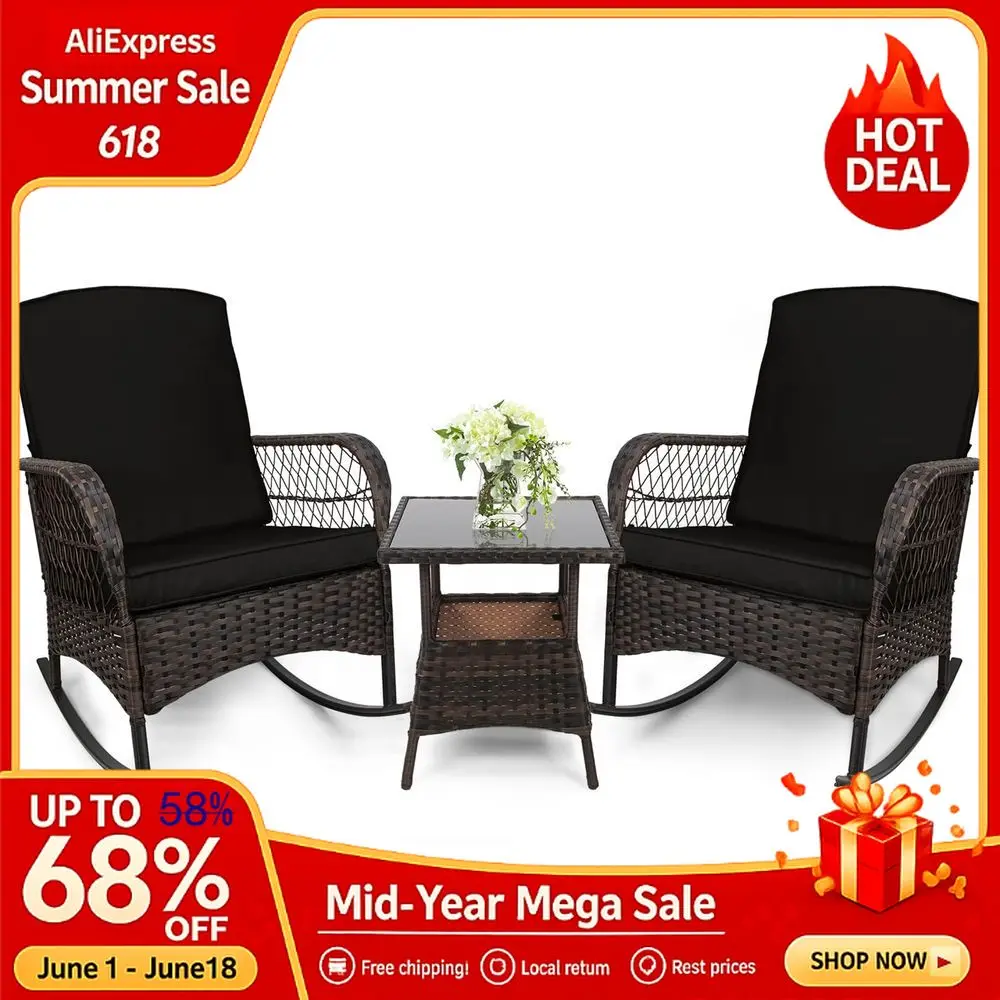 3 pcs Rocking Bistro Set Conversation Chairs PE Wicker Rocking Chairs amp Glass Table,for Porch, Custom Lawn Garden Backyard