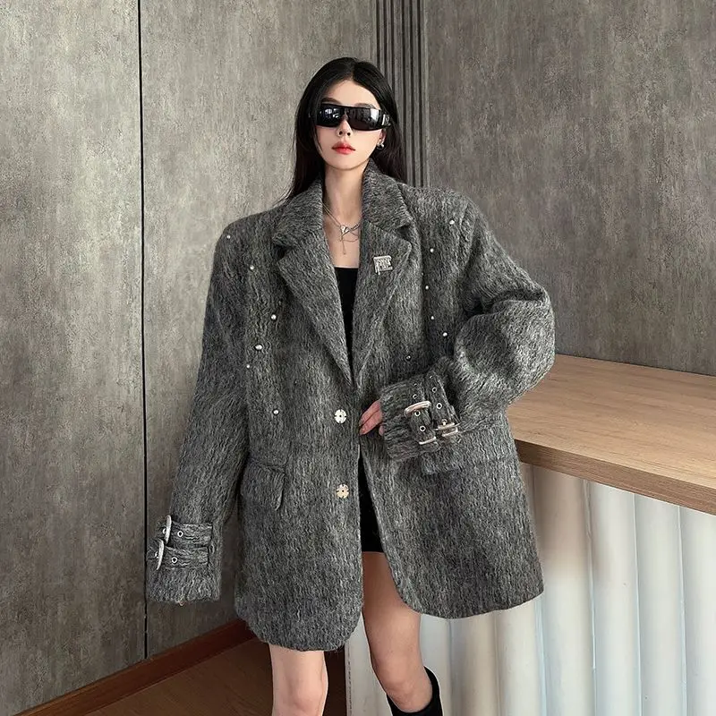 

Woolen Long-Sleeved Suit Jacket Trendy Ins Autumn Winter Style Thickened Women'S Niche Rivet Design Loose Woolen Casual Suit