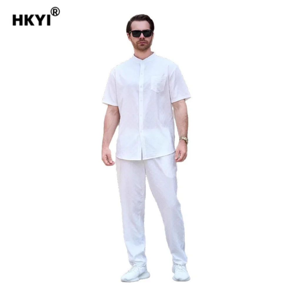 

HKYI Summer Men's Jacquard Solid Color Casual Stand Collar Pocket Cardigan Short Sleeve Shirt Pants Set