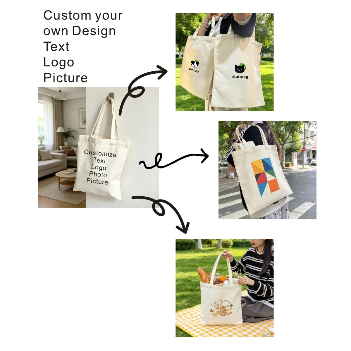 Add Your Logo Customizable Canvas Tote Bag Large Women's Designer Handbags Shopping Bags for Groceries Fabric Shopper Cloth
