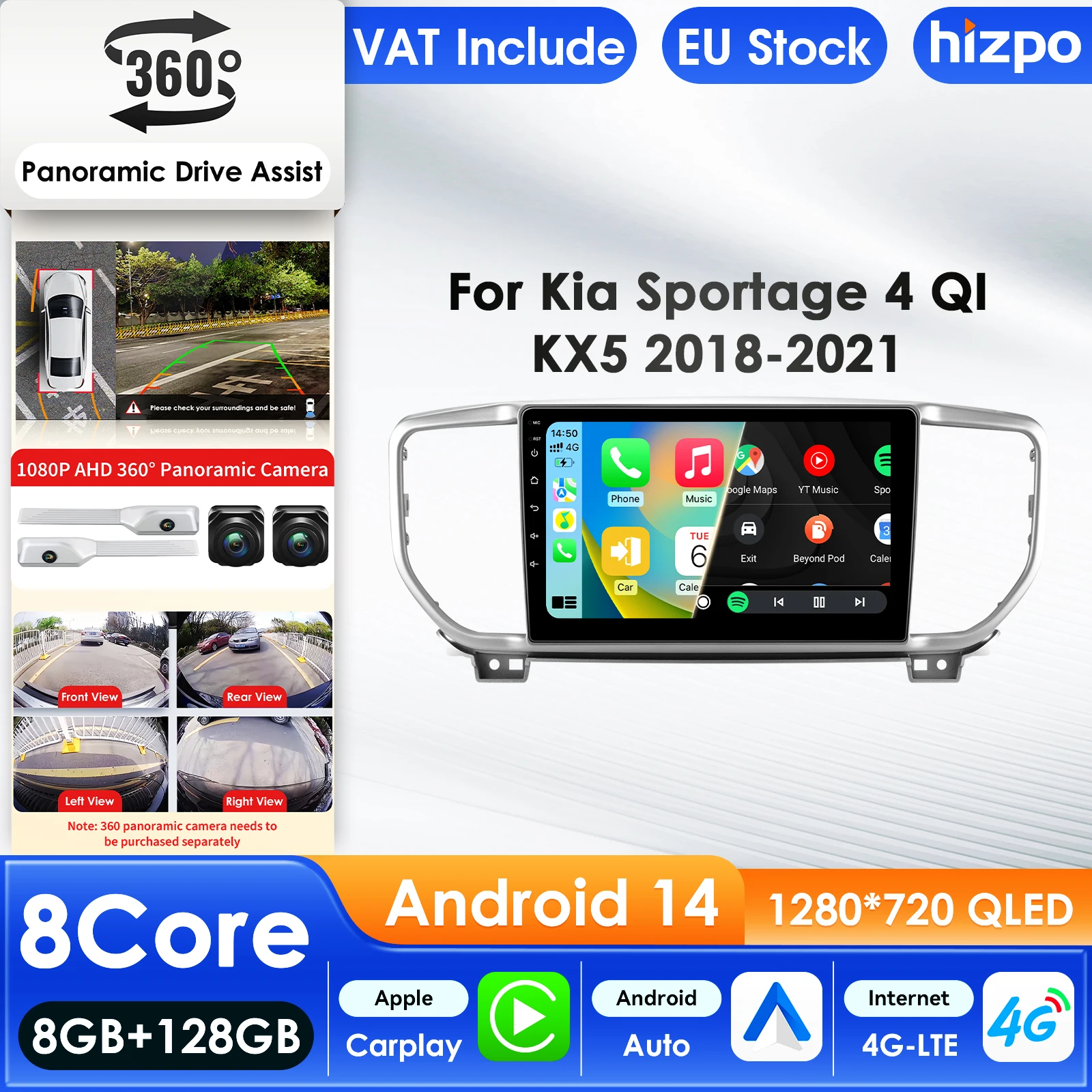 

Автомобильный мультимедийный плеер Hizpo Android для KIA Sportage 4 2016-2021 QI KX5 с GPS, Carplay, 4G, AI, интеллектуальным экраном, автомагнитолой и камерой 360°