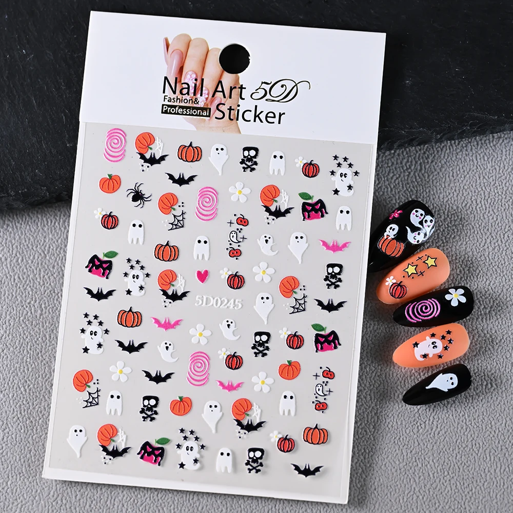 5D In Rilievo Sveglio Fantasma Pipistrello Zucca Halloween Adesivo Per Unghie Rosa/Verde/Nero Cartoon Adesivo Decalcomanie Per Unghie Halloween Decorazione Del Chiodo